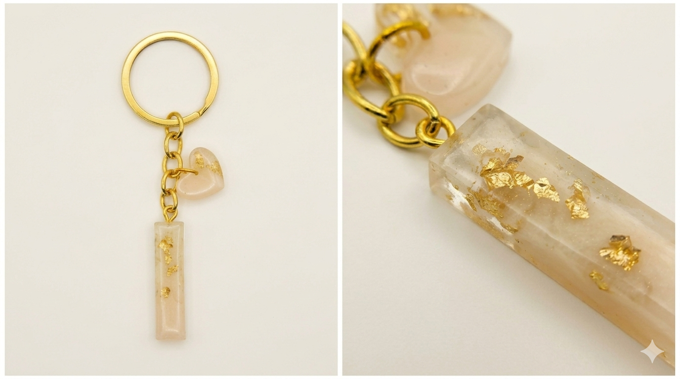 Handmade Resin Bar & Heart Duo Keychain – Champagne Peach with Gold-Tone Foil Flakes