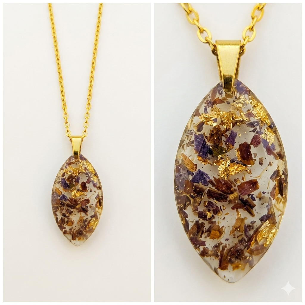 Handmade Resin Marquise Pendant Necklace – Crushed Dried Flowers with Gold-Tone Foil & Gold Chain