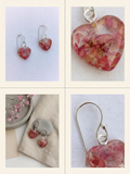 Handmade Resin Heart Drop Earrings – Crushed Rose Petals | Silver-Tone Fish Hook Dangles