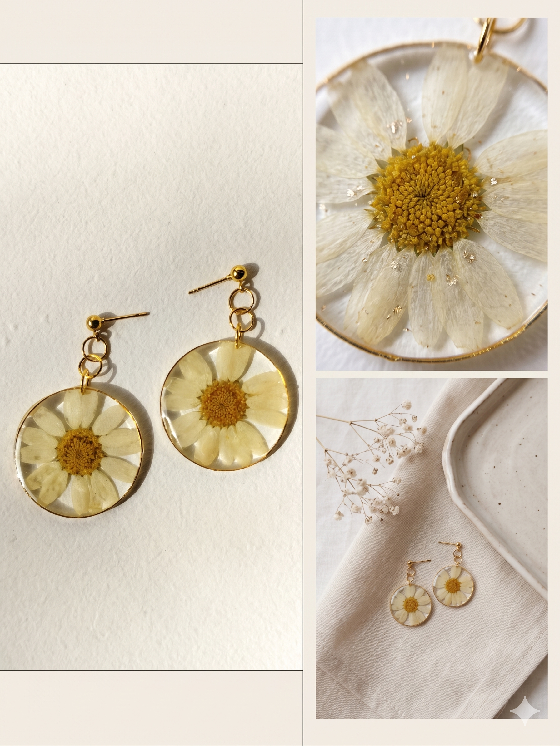 Handmade Resin Round Bezel Drop Earrings – Real Pressed Daisy Flower | Gold-Tone Ball Studs