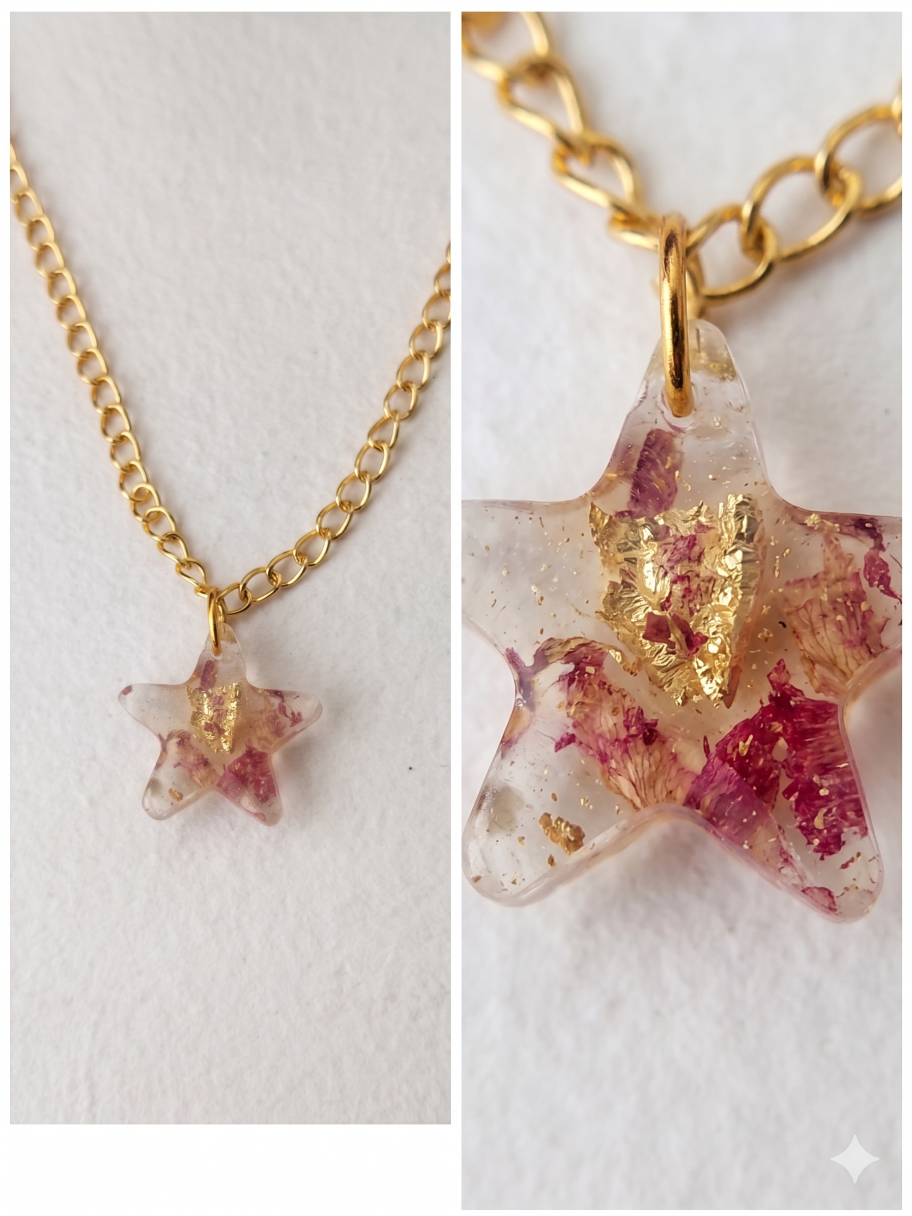 Handmade Resin Star Pendant Necklace – Crushed Rose Petals with Gold-Tone Chain