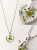 Handmade Resin Heart Pendant Necklace – Green Botanical Flower | Silver-Tone Bail & Chain