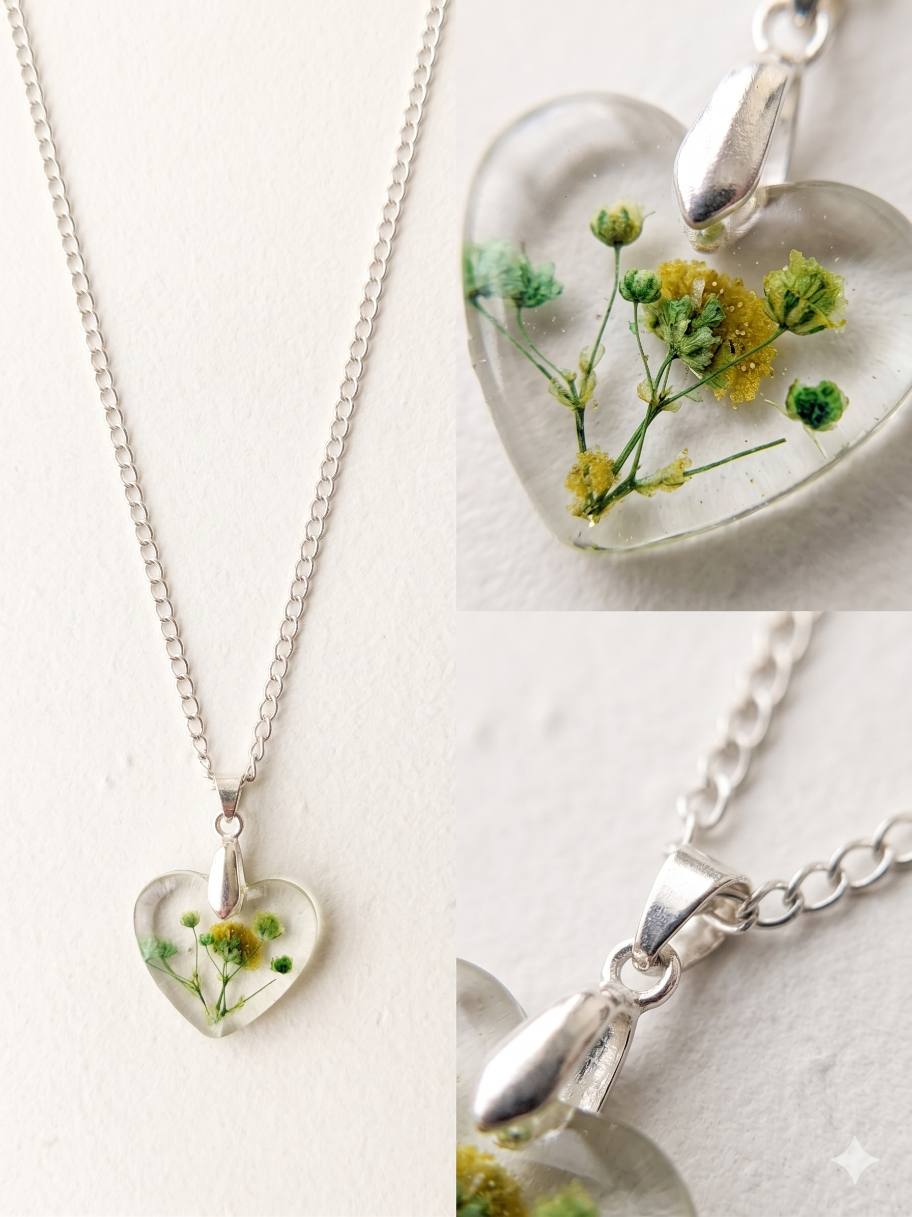 Handmade Resin Heart Pendant Necklace – Green Botanical Flower | Silver-Tone Bail & Chain