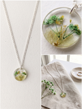 Handmade Resin Oval Pendant Necklace – Real Green Botanical Flower | Silver-Tone Chain