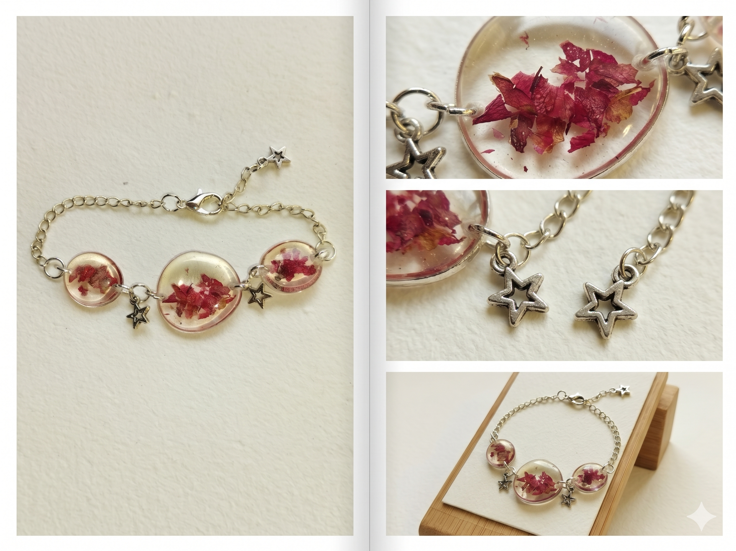 Handmade Resin Triple-Disc Bracelet – Rose Petals with Star Charms | Silver-Tone Chain