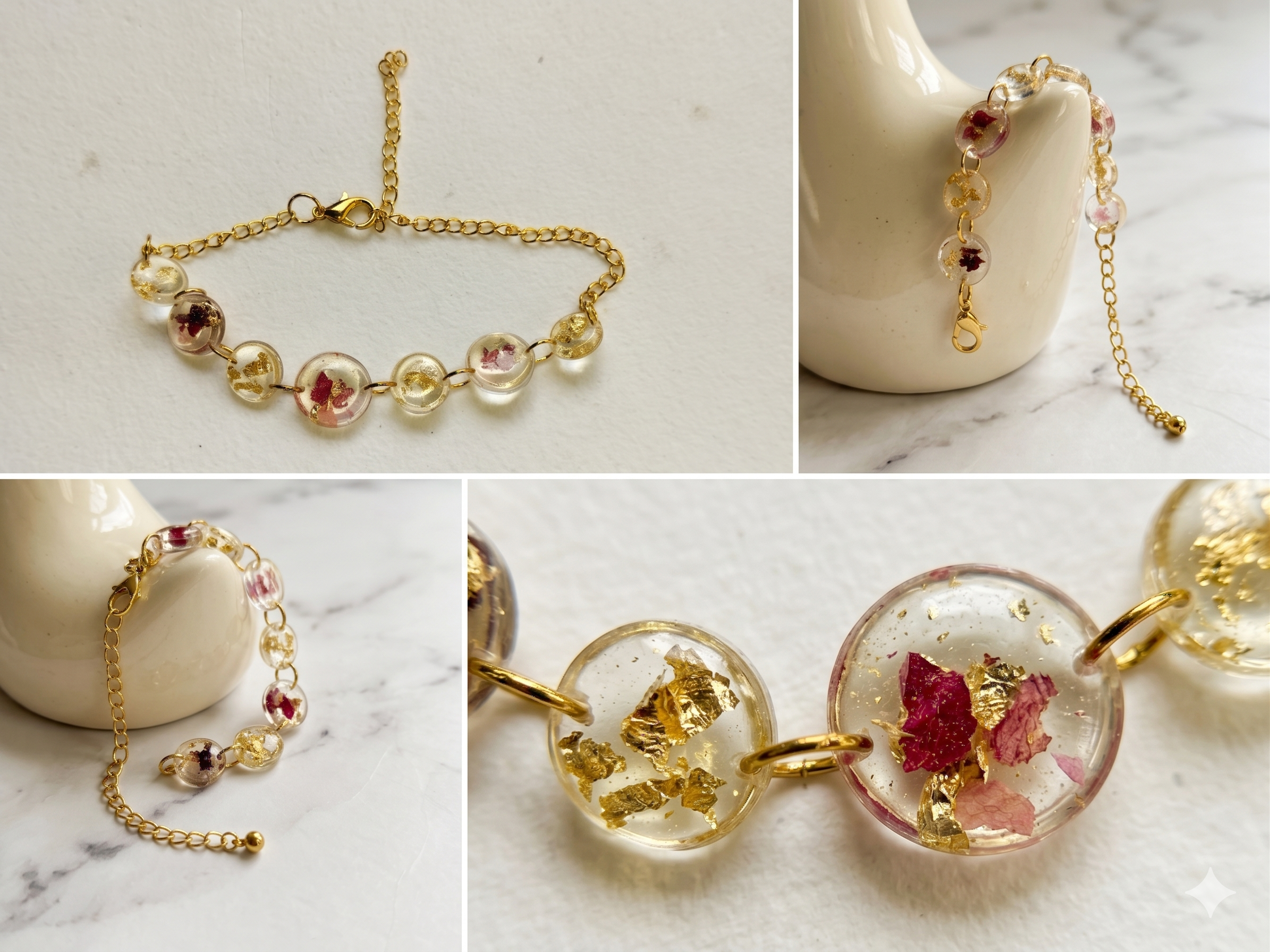 Handmade Resin Round Link Bracelet – Rose Petals & Gold-Tone Foil | Gold Chain