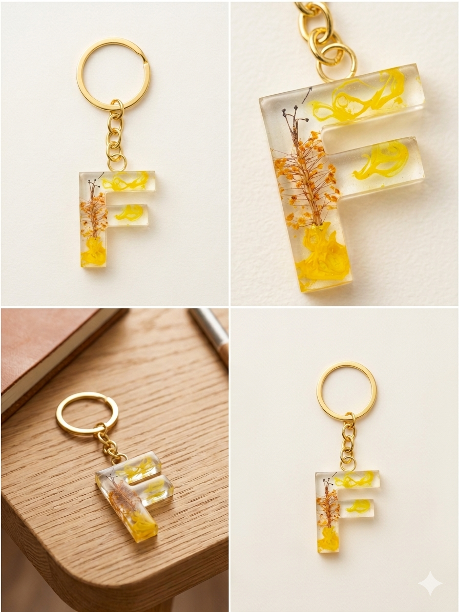 Handmade Resin Letter Keychain – Yellow Sunshine with Dried Flowers | Custom Initial A-Z