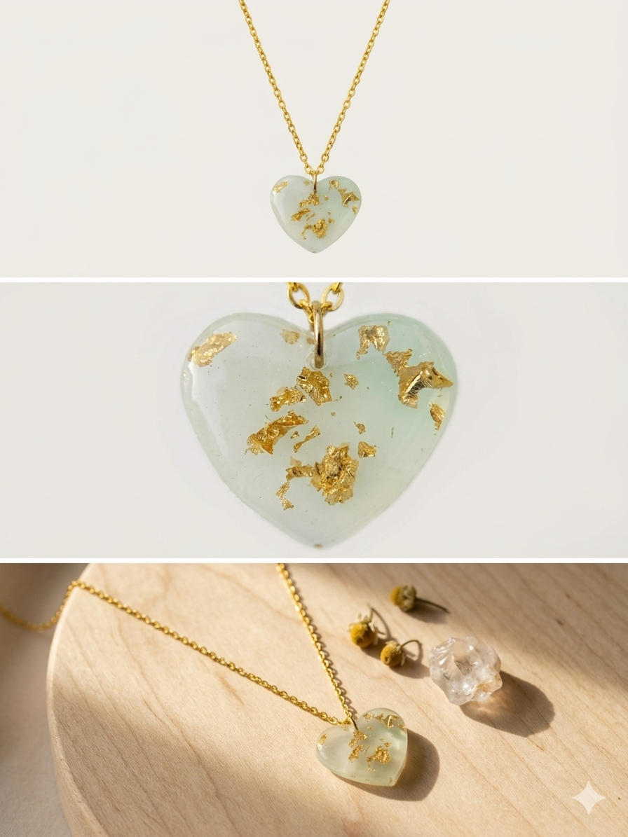 Handmade Resin Heart Pendant Necklace – Mint Green with Gold-Tone Foil Flakes & Gold Chain