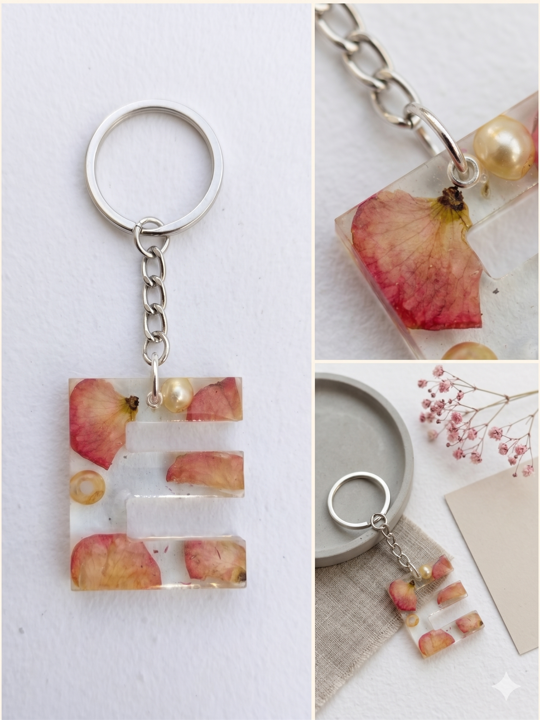 Handmade Resin Letter Keychain – Pressed Rose Petals with Pearl Beads | Custom Initial A-Z