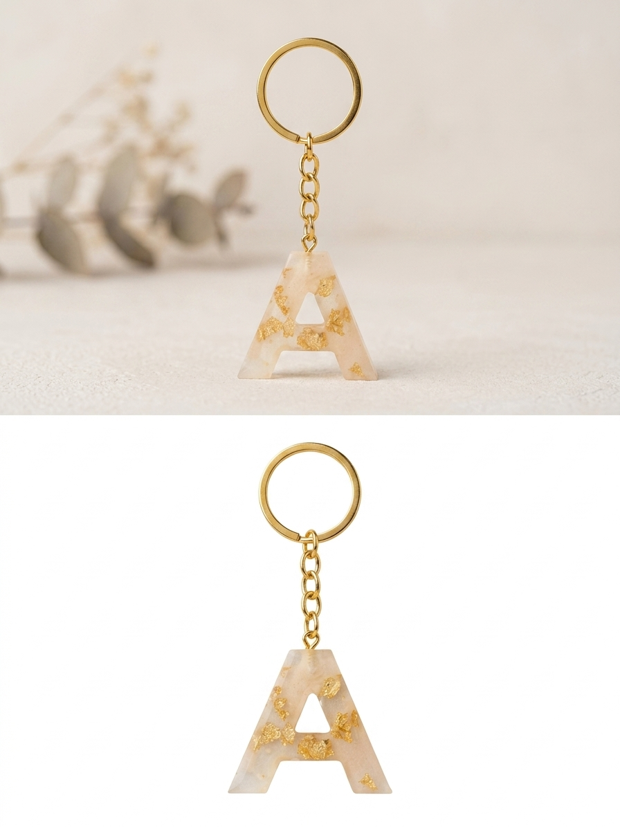 Handmade Resin Letter Keychain – Pearl White with Gold-Tone Foil Flakes | Custom Initial A-Z