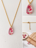 Handmade Resin Teardrop Pendant Necklace – Pink Pressed Flower Petals | Gold-Tone Chain