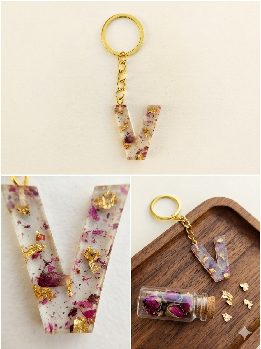 Handmade Resin Letter Keychain – Floral Confetti with Gold-Tone Foil | Custom Initial A-Z