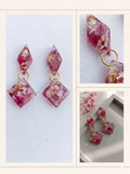 Handmade Resin Geometric Double-Drop Earrings – Crushed Rose Petals with Gold-Tone Foil