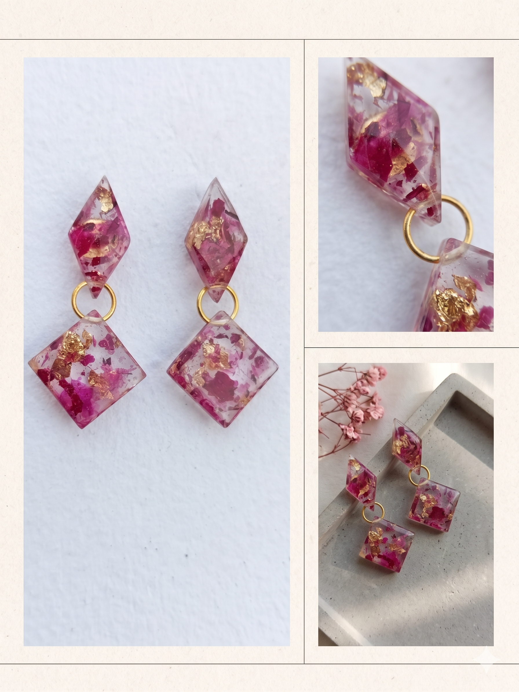 Handmade Resin Geometric Double-Drop Earrings – Crushed Rose Petals with Gold-Tone Foil