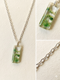 Handmade Resin Bar Pendant Necklace – Green Dried Botanicals | Silver-Tone Chain