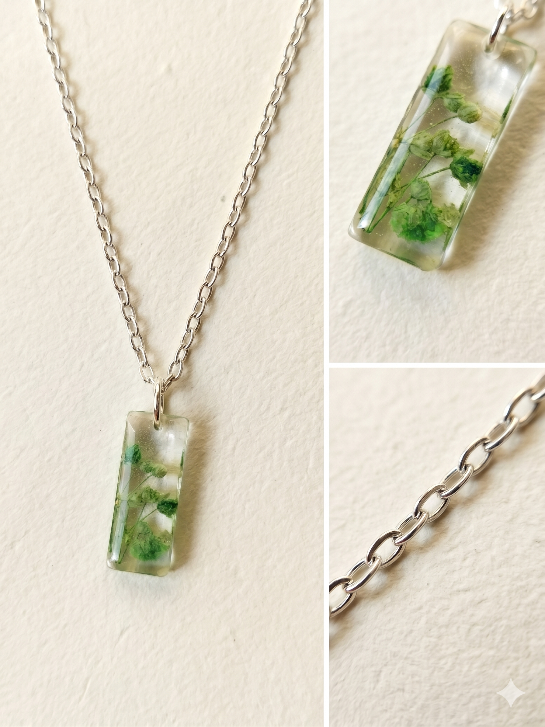 Handmade Resin Bar Pendant Necklace – Green Dried Botanicals | Silver-Tone Chain