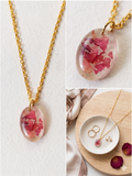 Handmade Resin Oval Pendant Necklace – Pink Rose Petals | Gold-Tone Chain