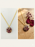 Handmade Resin Round Pendant Necklace – Crushed Rose Petals with Gold-Tone Foil & Gold Chain