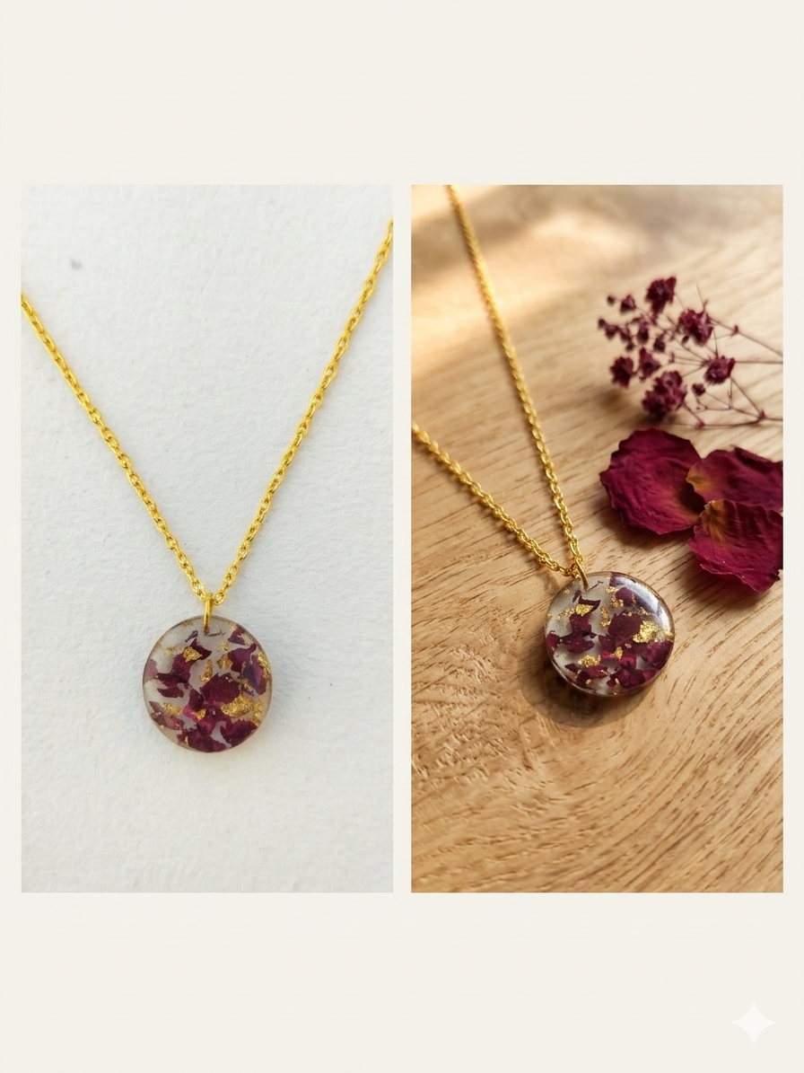 Handmade Resin Round Pendant Necklace – Crushed Rose Petals with Gold-Tone Foil & Gold Chain