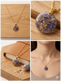 Handmade Resin Round Pendant Necklace – Crushed Purple Flowers with Gold-Tone Foil & Gold Chain