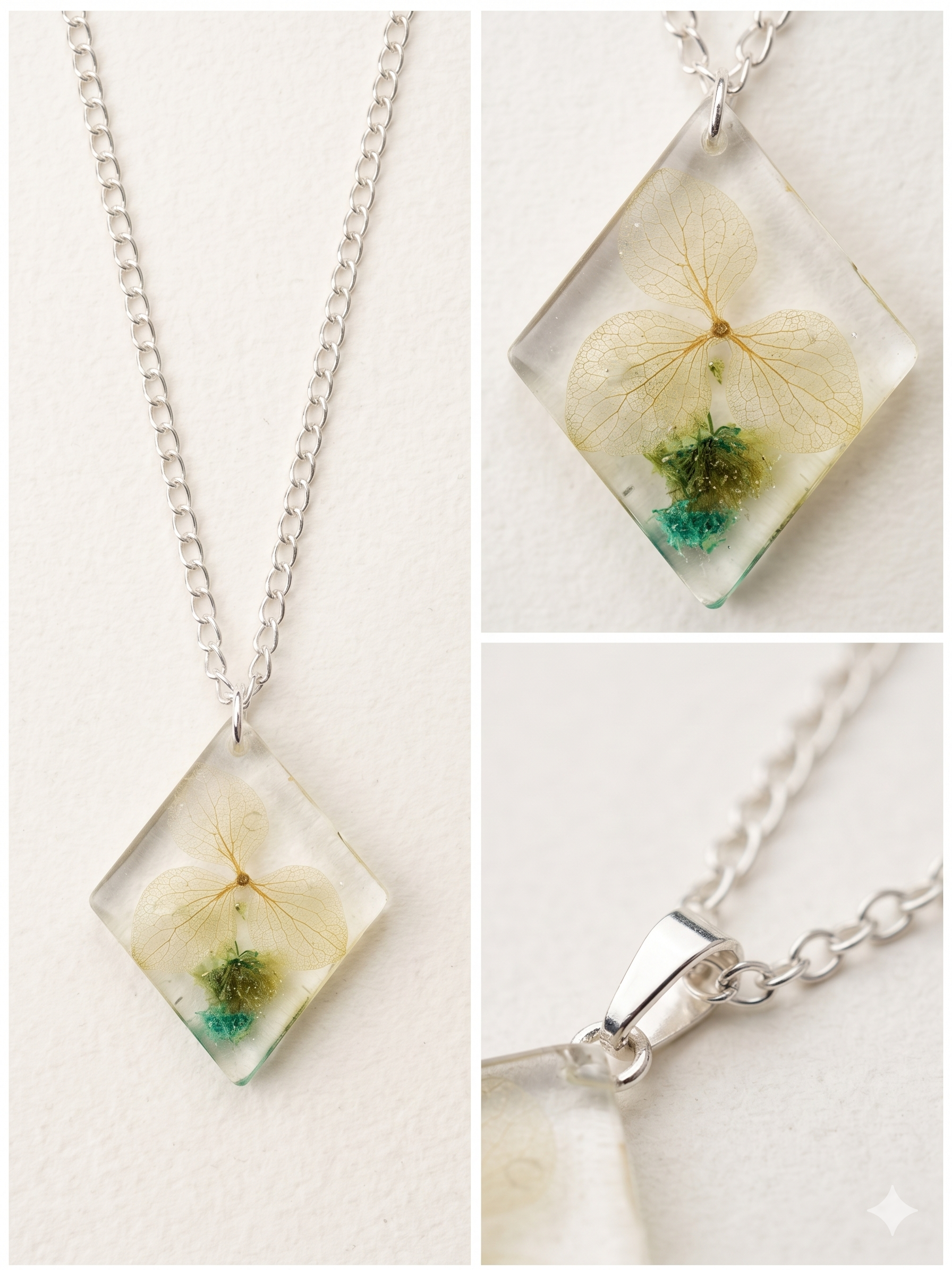 Handmade Resin Diamond Pendant Necklace – Pressed Hydrangea Petal & Green Bud | Silver-Tone Chain