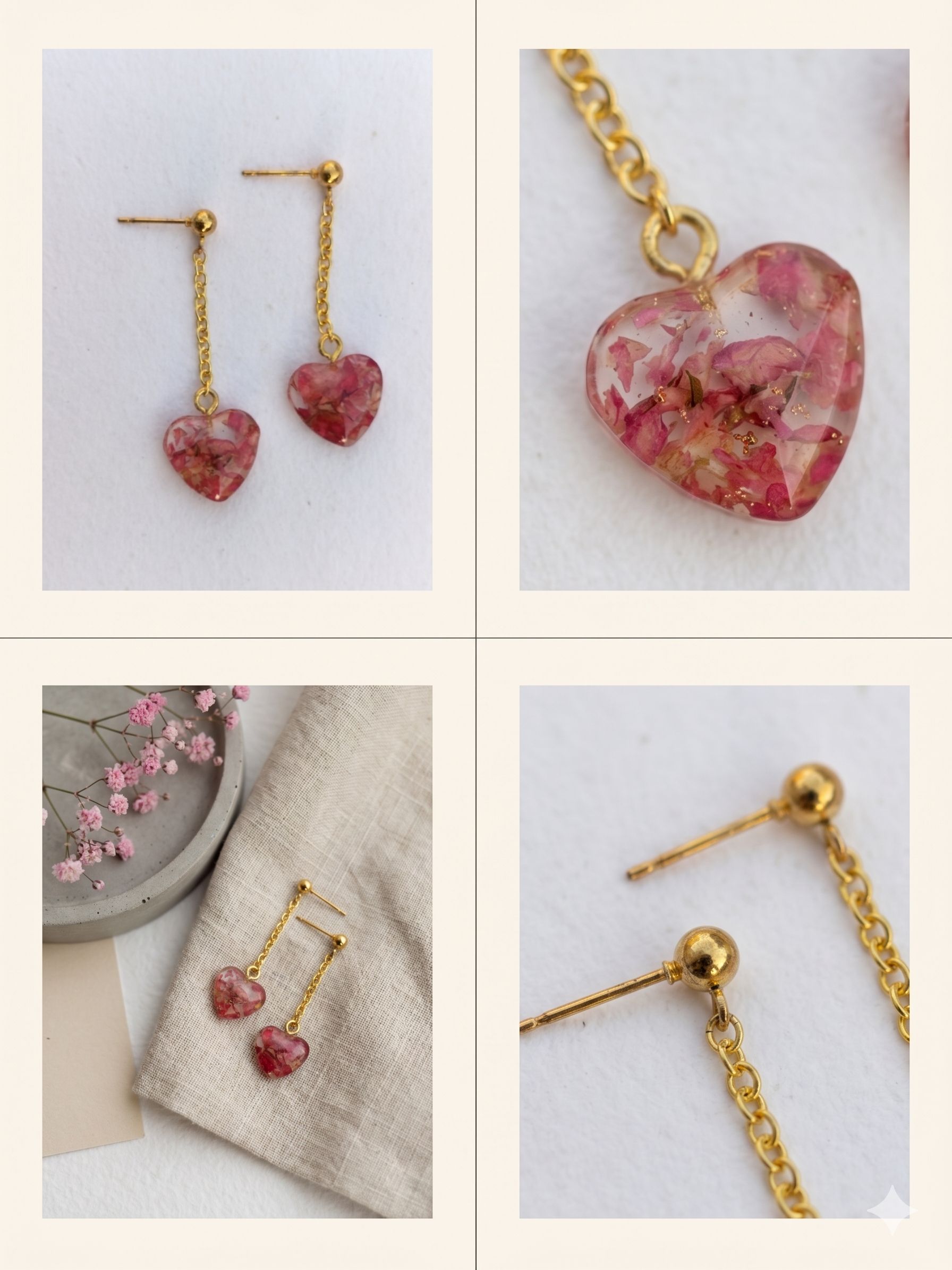 Handmade Resin Heart Chain Drop Earrings – Crushed Rose Petals | Gold-Tone Ball Studs & Chain