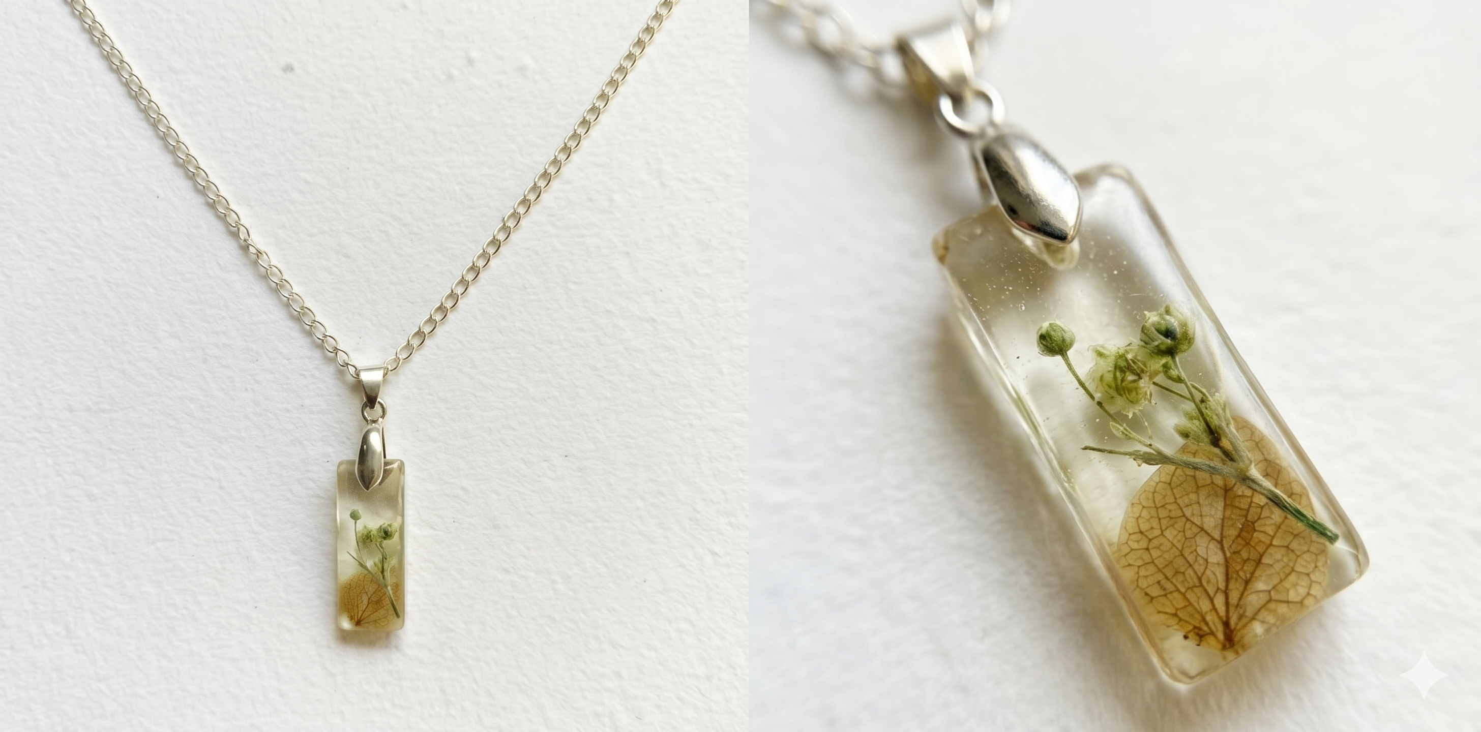 Handmade Resin Bar Pendant Necklace – Dried Leaf & Green Botanicals | Silver-Tone Bail & Chain