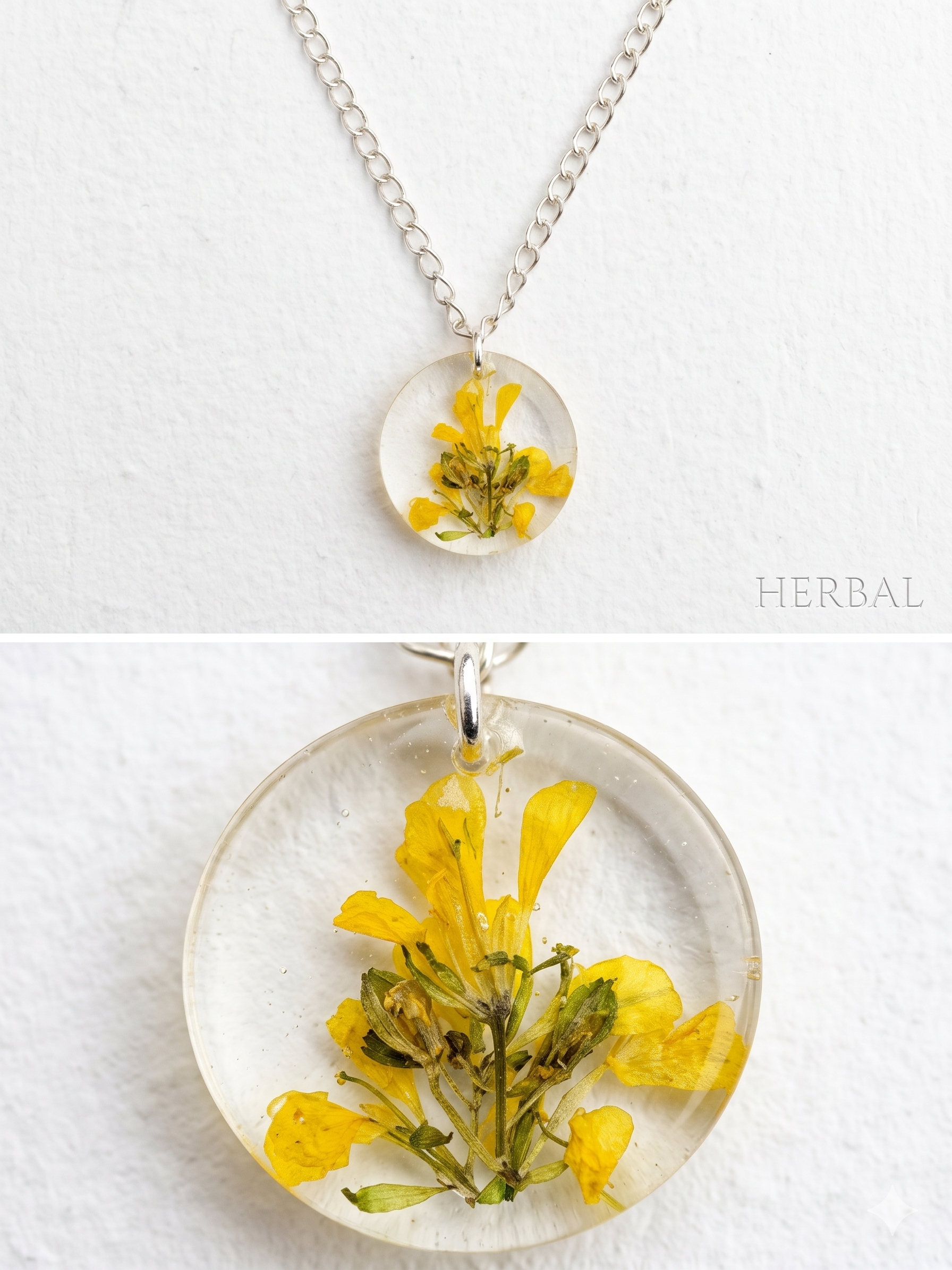 : Handmade Resin Round Pendant Necklace – Real Yellow Flower with Silver-Tone Chain
