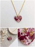 Handmade Resin Heart Pendant Necklace – Crushed Rose Petals with Gold-Tone Foil & Gold Chain