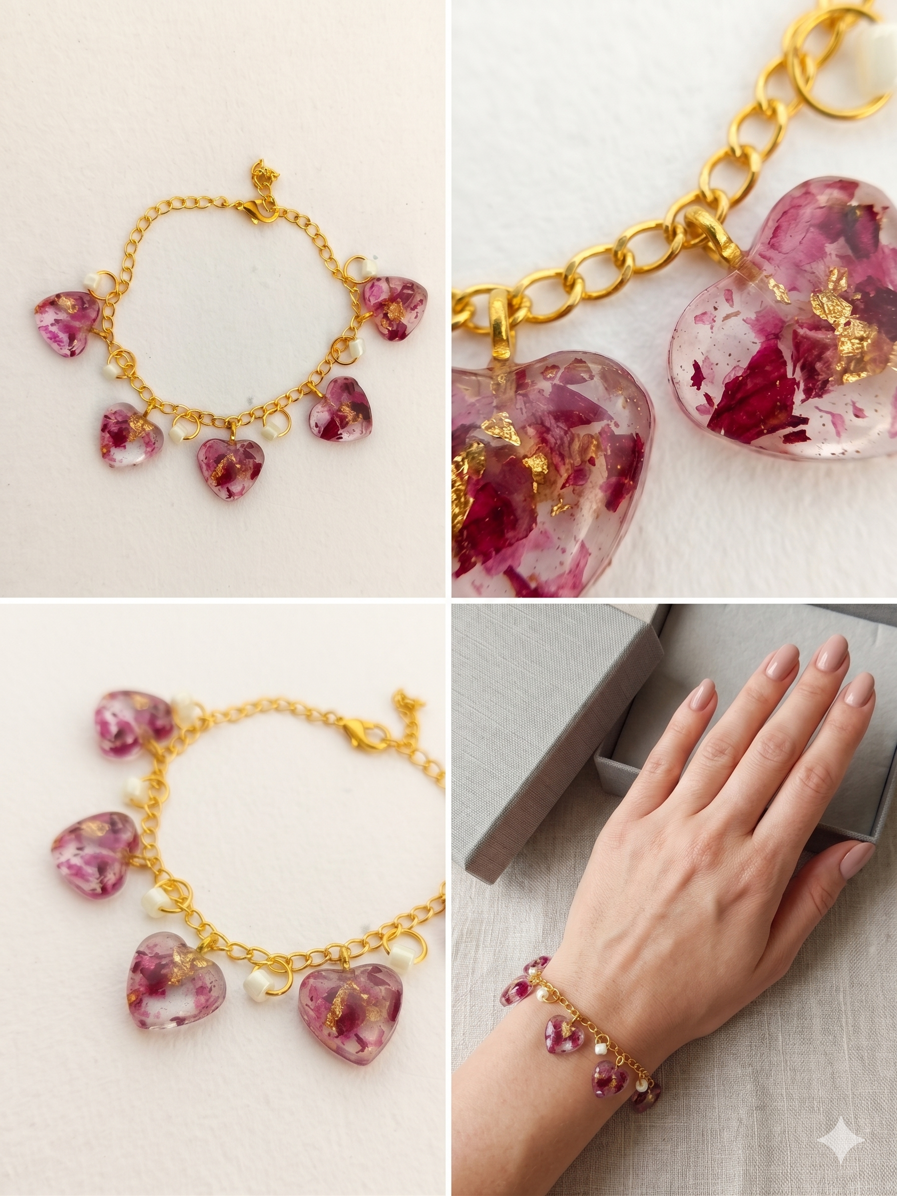 Handmade Resin Heart Charm Bracelet – Crushed Rose Petals with Gold-Tone Foil & Pearl Beads