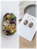 Handmade Resin Emerald-Cut Stud Earrings – Multi-Color Dried Flowers with Gold-Tone Foil