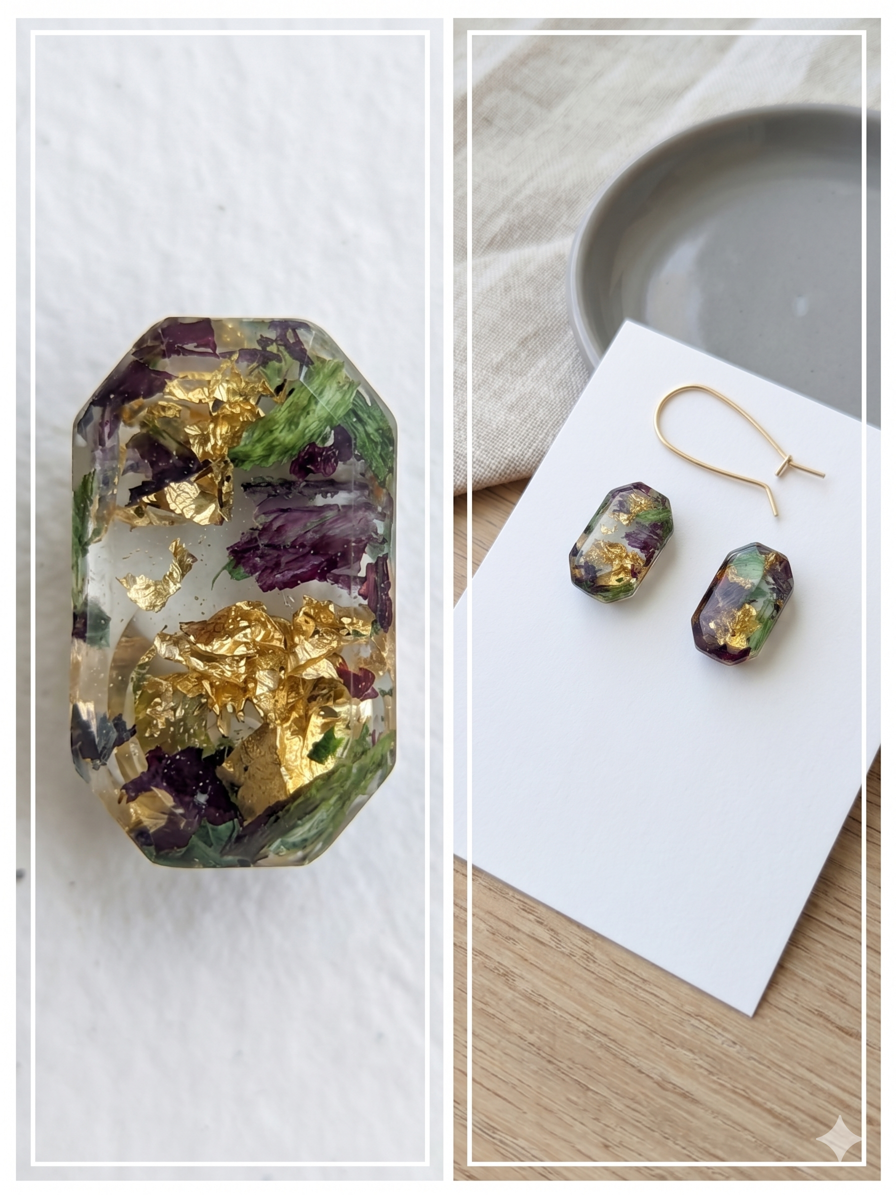 Handmade Resin Emerald-Cut Stud Earrings – Multi-Color Dried Flowers with Gold-Tone Foil