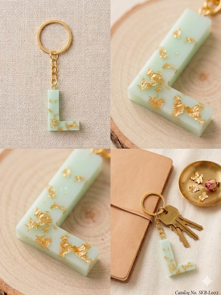 Handmade Resin Letter Keychain – Light Sky Blue with Gold-Tone Foil Flakes | Custom Initial A-Z