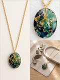 Handmade Resin Oval Pendant Necklace – Emerald Green Botanicals with Gold-Tone Foil & Gold Chain