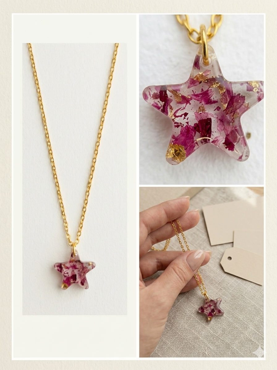 Handmade Resin Star Pendant Necklace – Crushed Rose Petals with Gold-Tone Chain