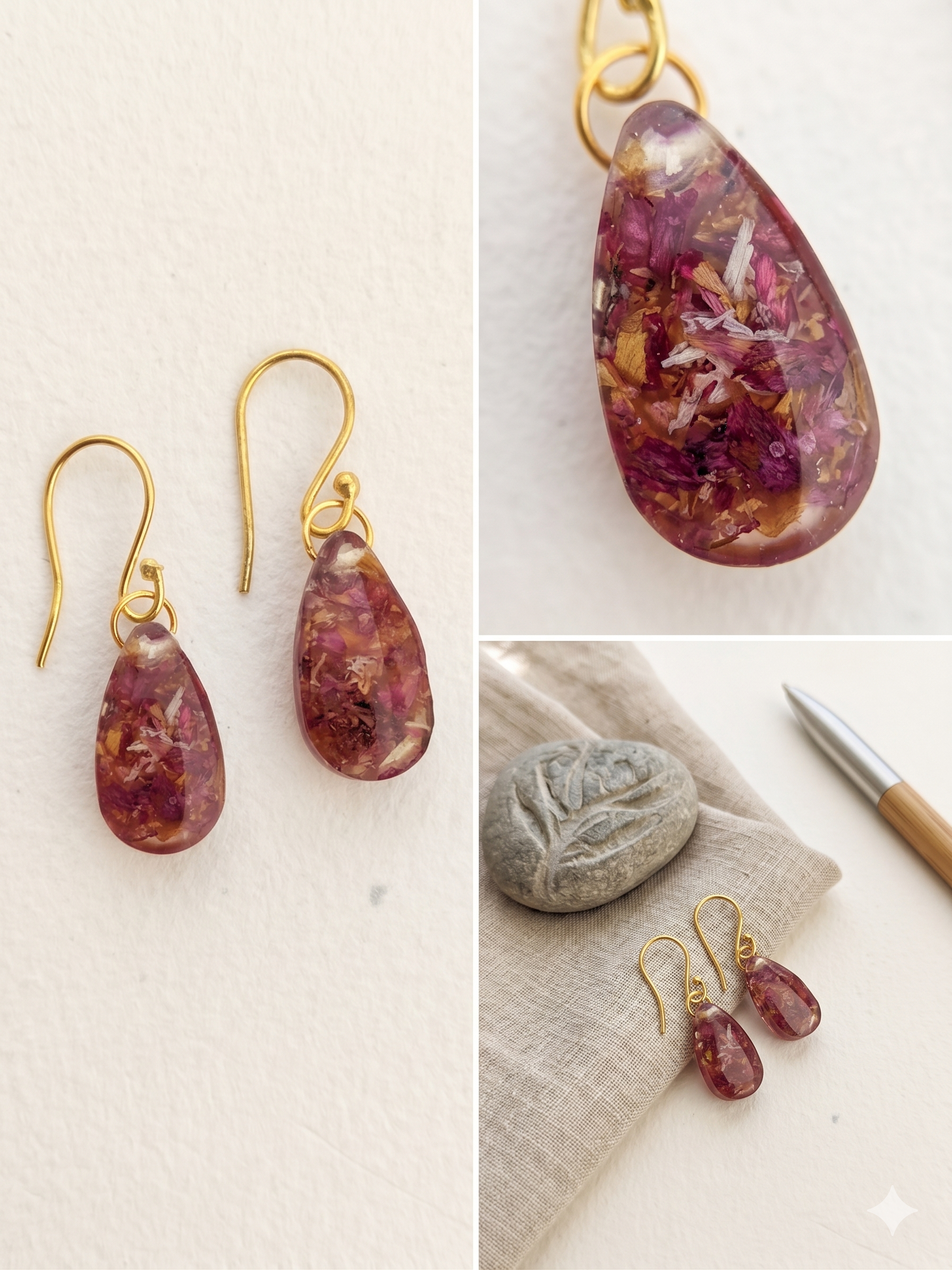 Handmade Resin Teardrop Earrings – Crushed Rose Petals | Gold-Tone Fish Hook Dangles