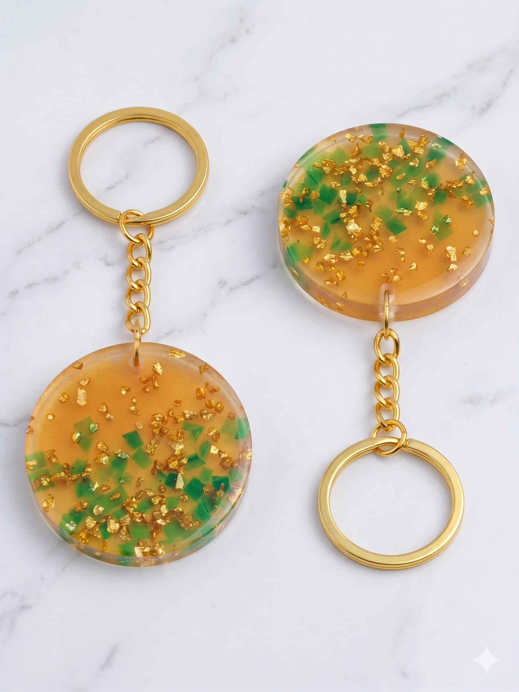 Handmade Resin Round Disc Keychain – Amber Orange with Green Glitter & Gold-Tone Flakes