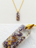 Handmade Resin Bar Pendant Necklace – Purple Dried Flowers with Gold-Tone Foil & Gold Chain