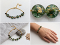 Handmade Resin Round Charm Bracelet – Green Botanicals with Gold-Tone Foil, Black Beads & Gold Chain
