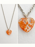 Handmade Resin Heart Pendant Necklace – Orange Dried Flowers with Silver-Tone Chain