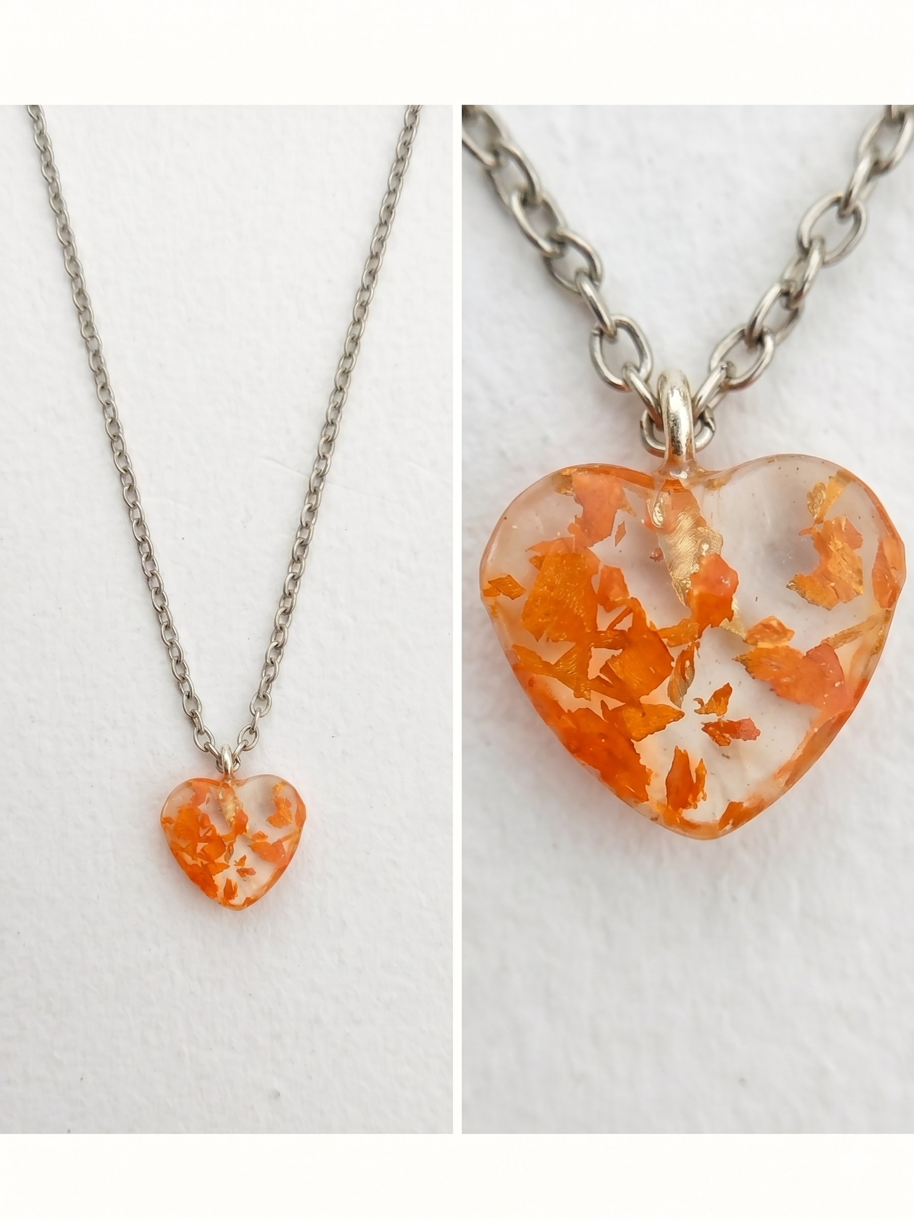 Handmade Resin Heart Pendant Necklace – Orange Dried Flowers with Silver-Tone Chain