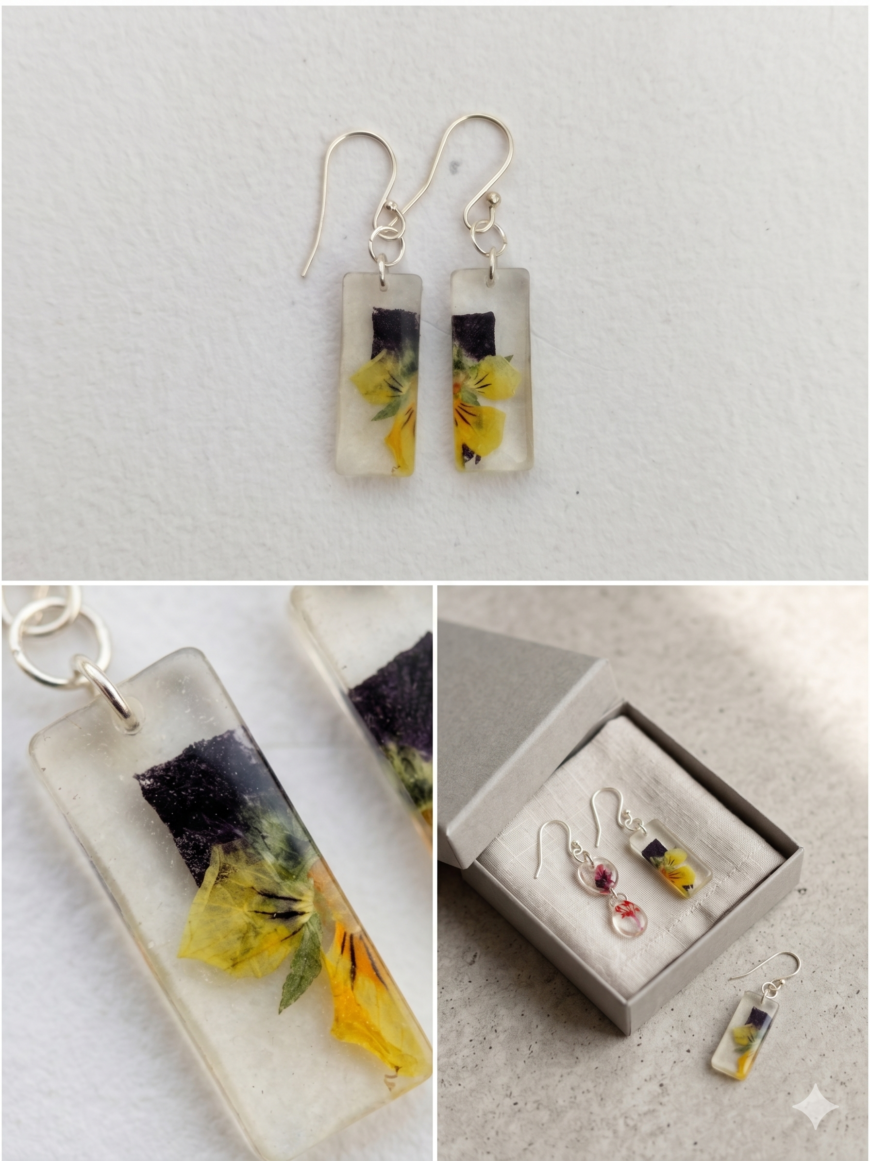 Handmade Resin Bar Drop Earrings – Real Yellow & Purple Pressed Flowers | Silver-Tone Hooks