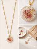 Handmade Resin Round Pendant Necklace – Crushed Rose Petals with Gold-Tone Foil & Gold Chain