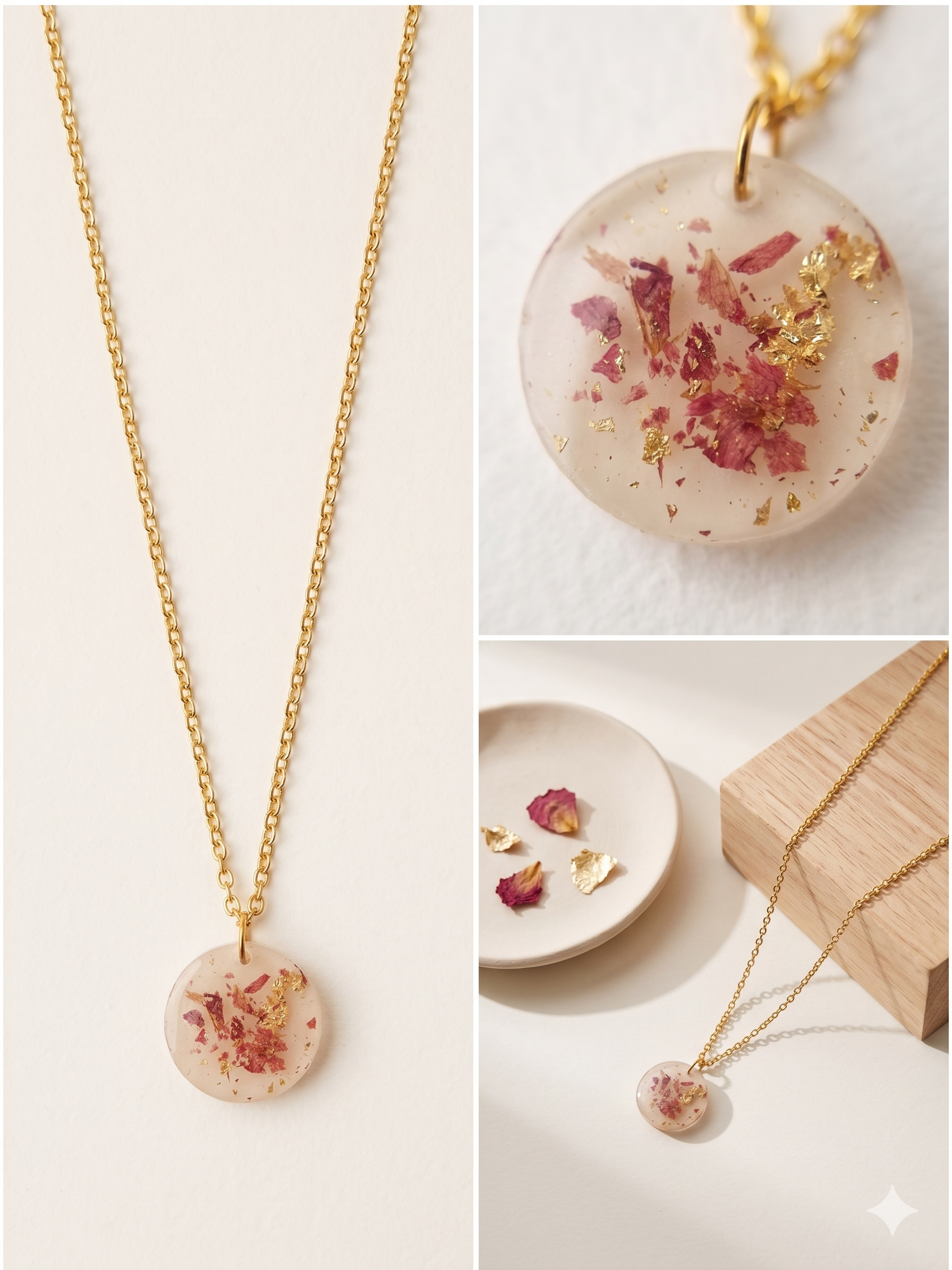 Handmade Resin Round Pendant Necklace – Crushed Rose Petals with Gold-Tone Foil & Gold Chain