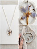 Handmade Resin Oval Pendant Necklace – Real Blue Wildflower with Silver-Tone Chain