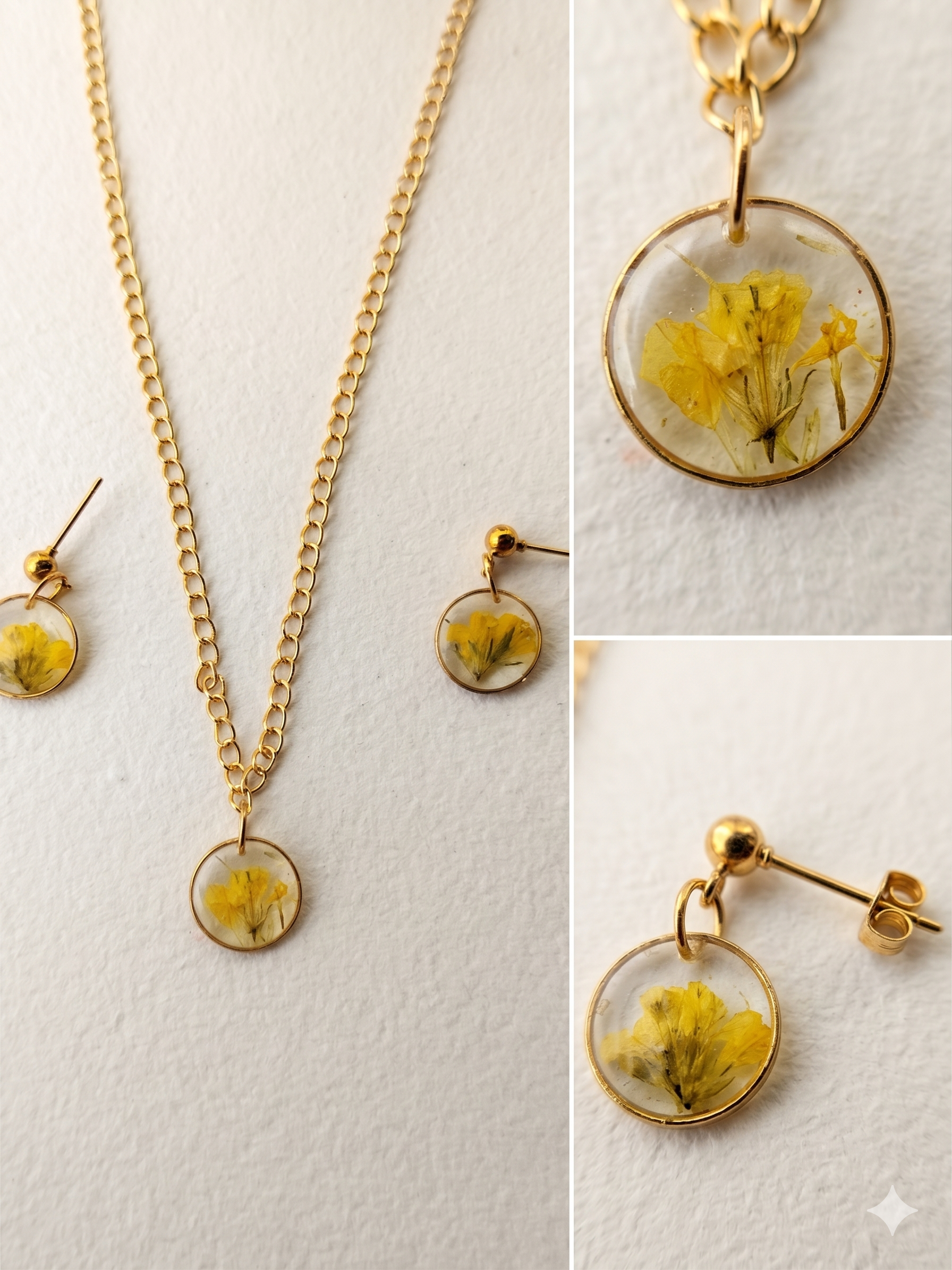 Handmade Resin Jewelry Set – Yellow Flower Necklace & Earrings | Gold-Tone Bezel | Matching Set