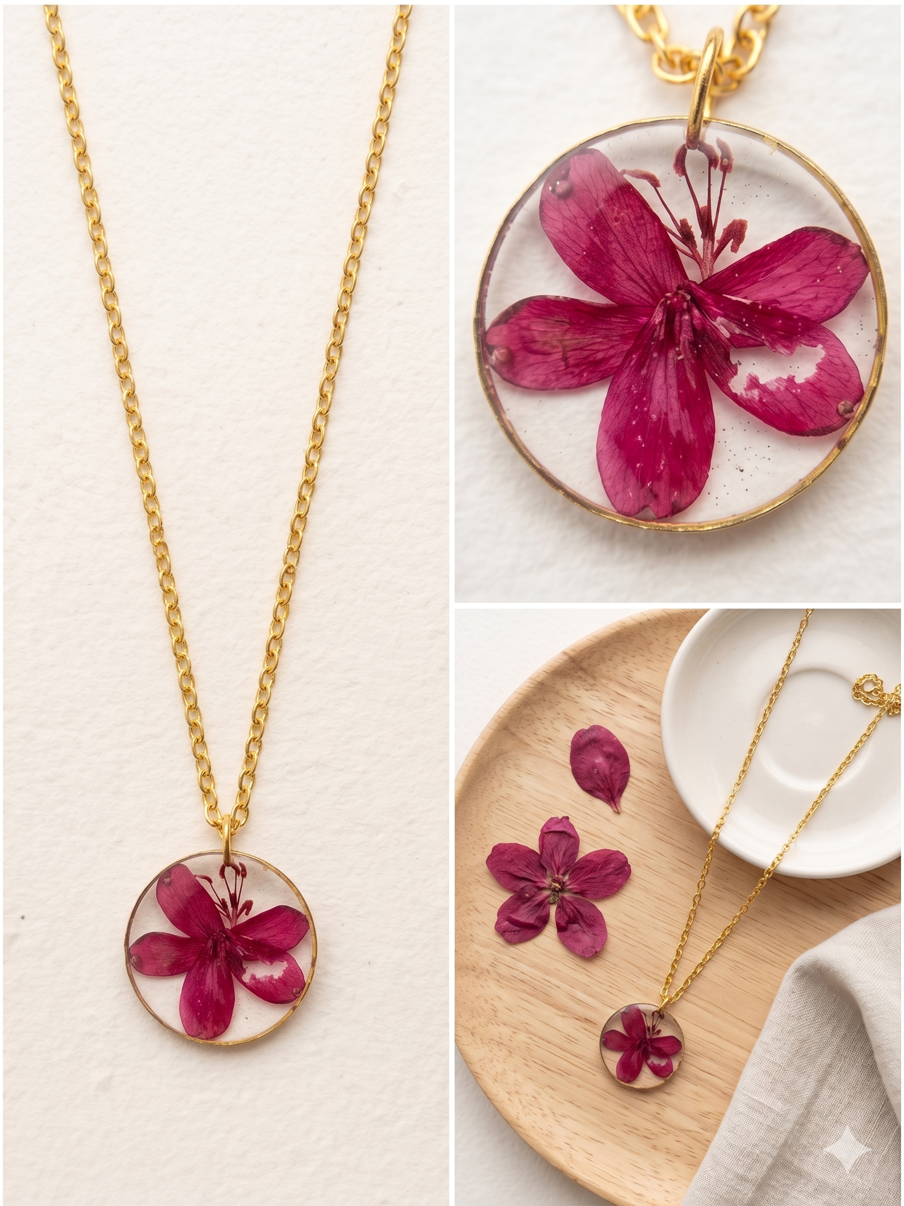 Handmade Resin Round Bezel Pendant Necklace – Real Pressed Pink Flower | Gold-Tone Frame & Chain