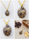 Handmade Resin Oval Pendant Necklace – Purple Dried Flowers with Gold-Tone Foil & Gold Chain