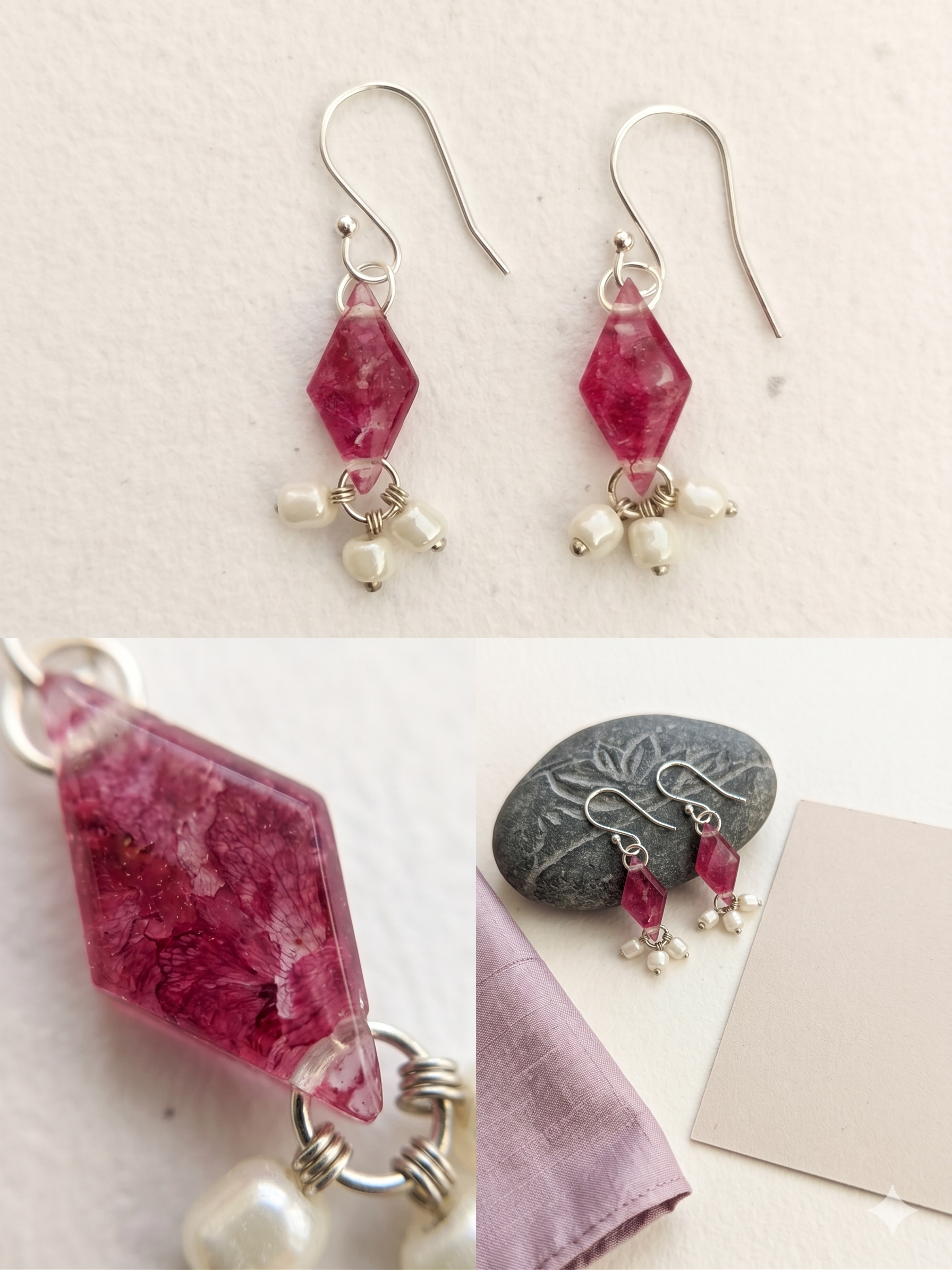 Handmade Resin Diamond Drop Earrings – Rose Petals with Pearl Bead Clusters | Silver-Tone Hooks