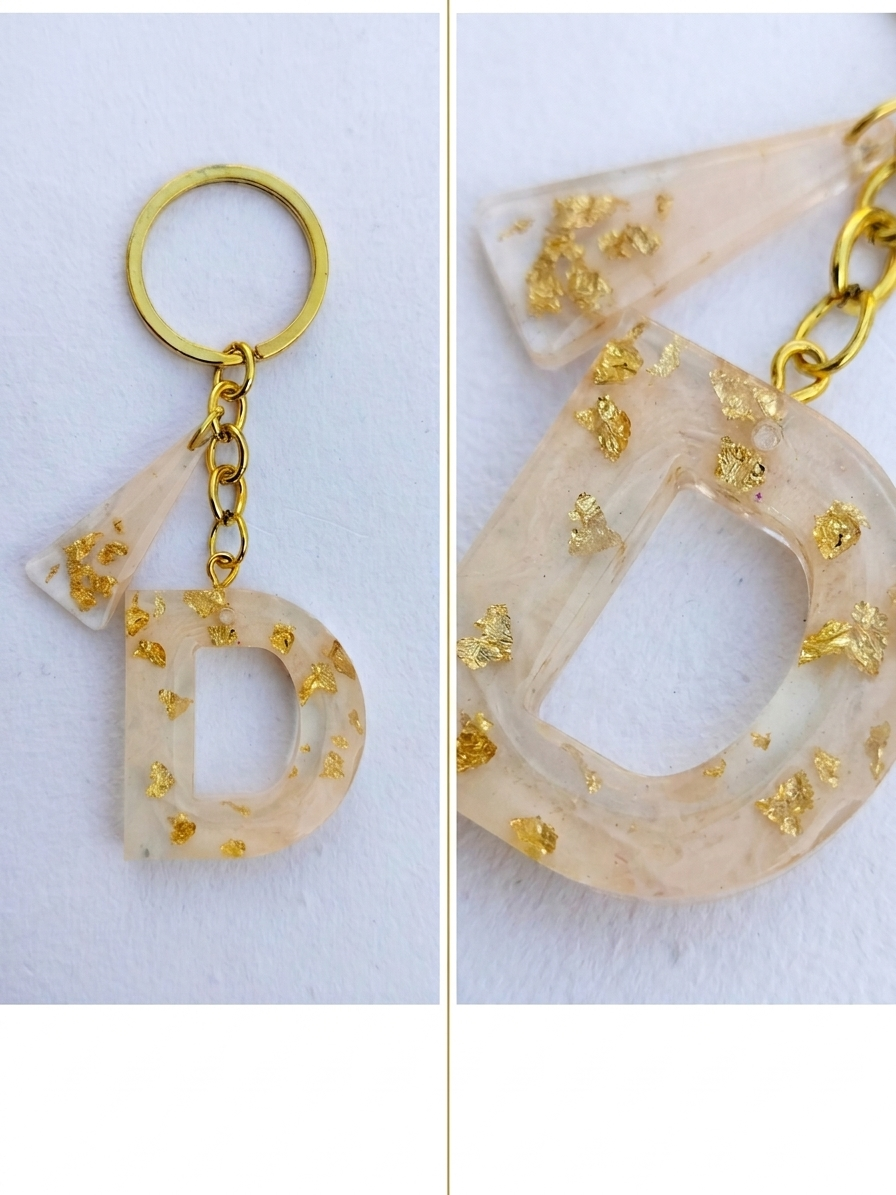 Handmade Resin Letter Keychain – Champagne Peach with Gold-Tone Foil Flakes | Custom Initial A-Z